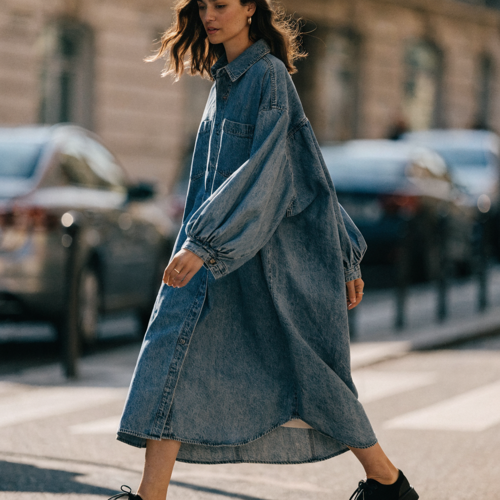 Robe-chemise oversize en denim portée