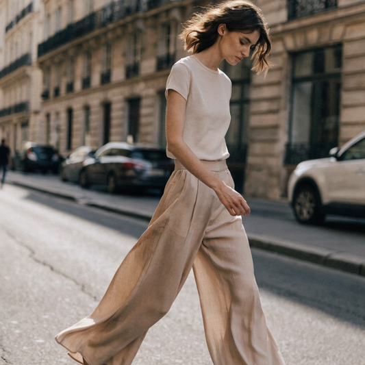 Pantalon palazzo fluide taille haute porté