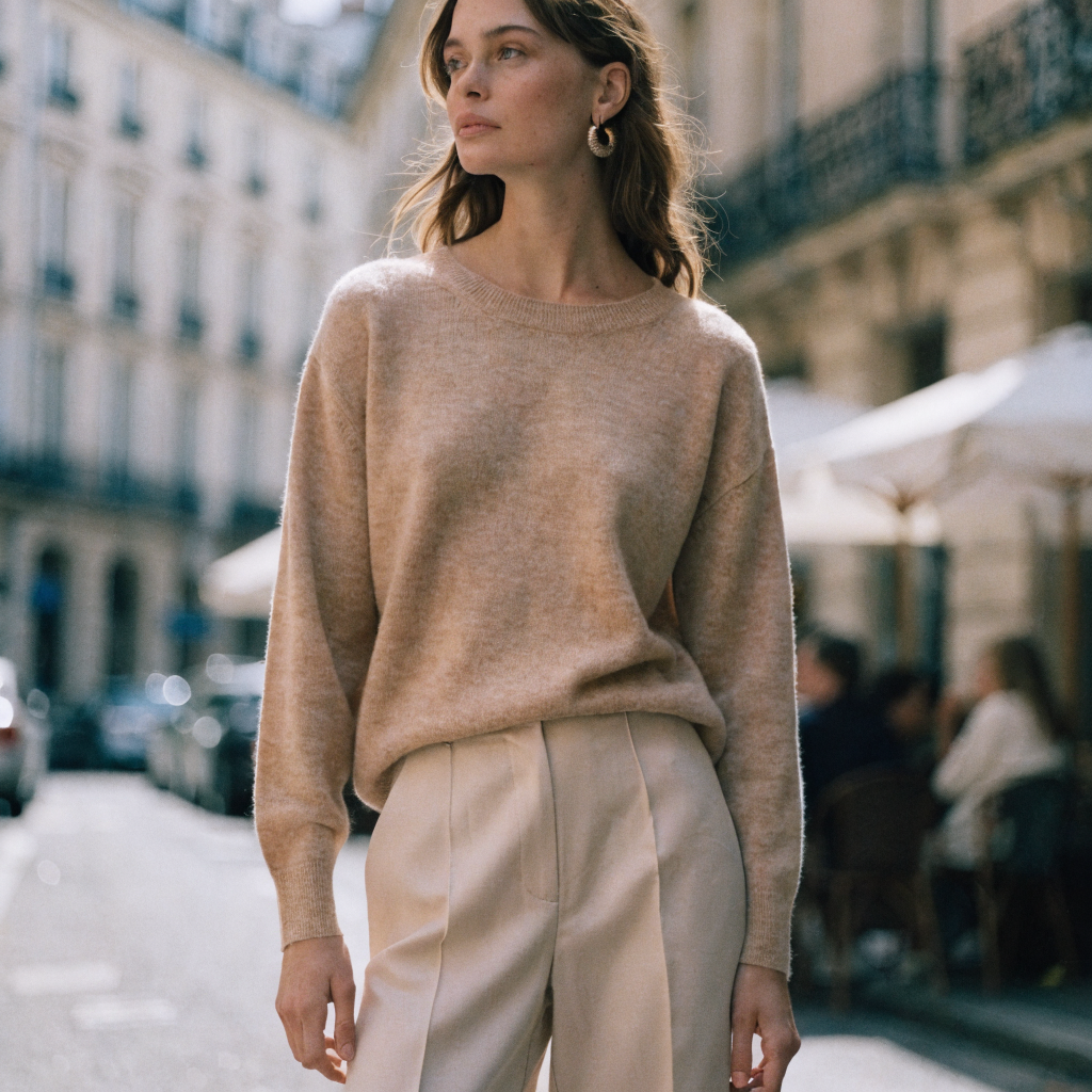 Pull col rond en maille douce porté