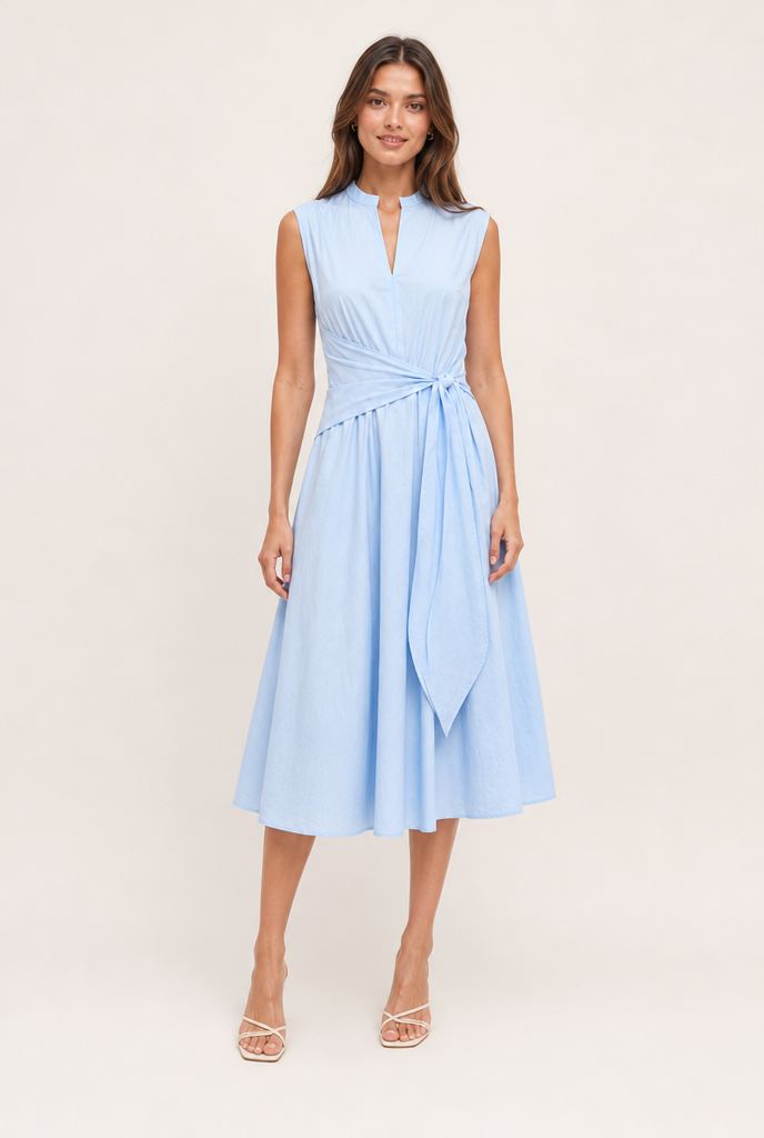 Robe mi-longue sans manches à taille nouée
