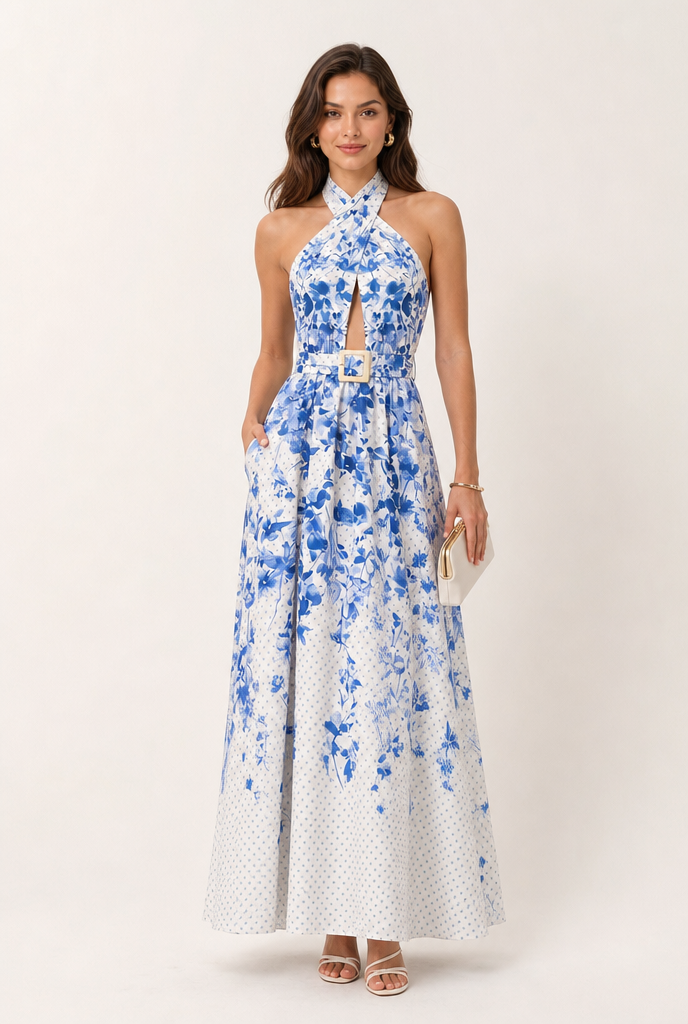 Robe longue fleurie à pois et dos nu