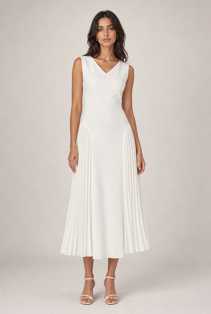 Robe longue plissée à col V